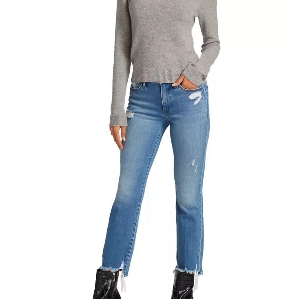 Frame Lesley Rips Le High Straight Subtle Distressed Detail Raw Hem Fading Blue
